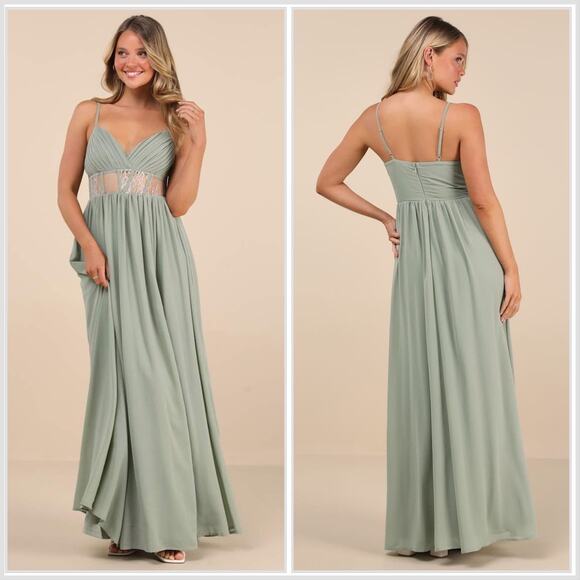 Lulus Kaylin Sage Pleated Lace Maxi Dress - Picture 1 of 11